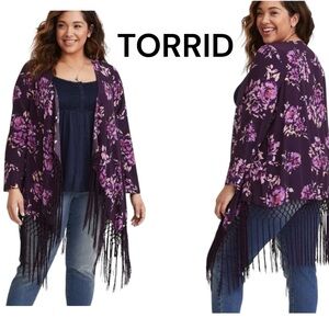 Torrid Floral Fringe Kimono Cardigan Purple Boho Rayon Size 2 (18/20) (2X)